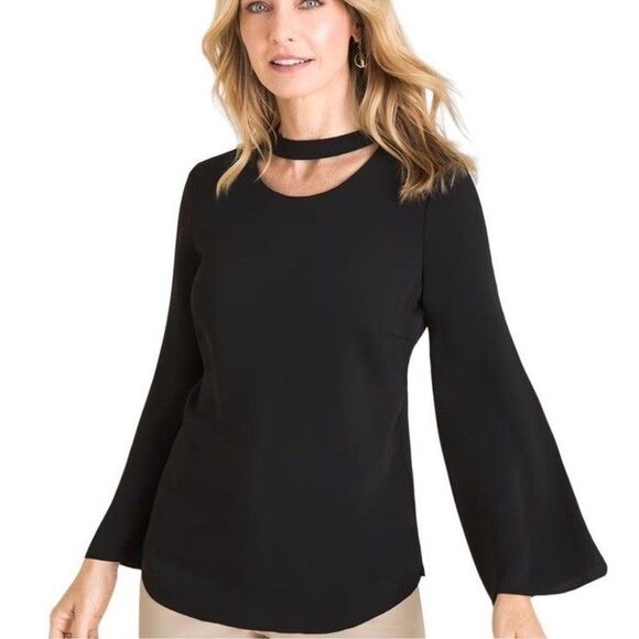 Chico's Cut Out Neck Detail Blouse Black Dolman Sleeves Size 2P 12/14 Petite NWT - Picture 1 of 10